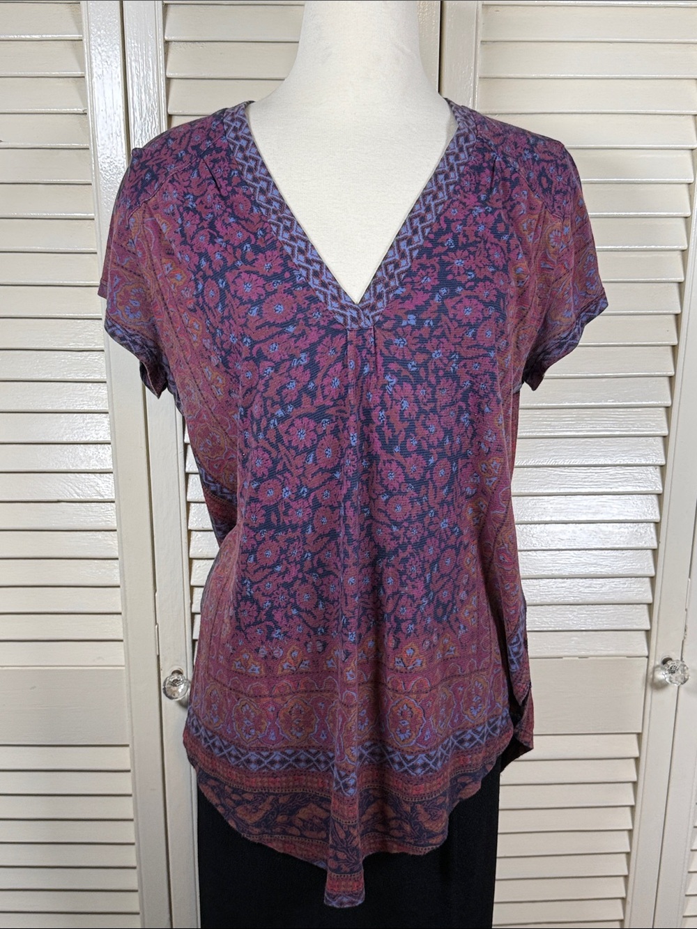 Lucky Brand Boho Floral Paisley V-Neck Top Large
